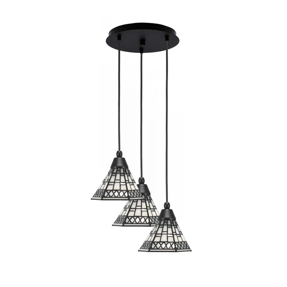 Savannah 8 in. 3-Light Matte Black Cord Pendant Light Pewter Art Glass Shad