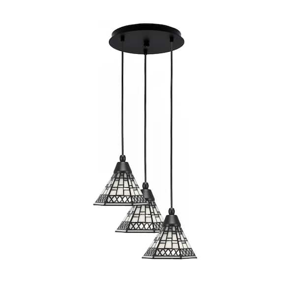 Unbranded Savannah 8 in. 3-Light Matte Black Cord Pendant Light Pewter Art Glass Shade
