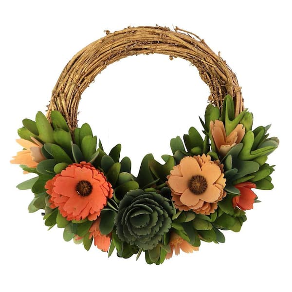 Benjara Brown and Pink Round Small Willow Artificial Wreath with Flowers and Leaves