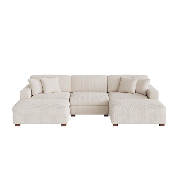 118 in. W Modern Square Arm 5-Piece Corduroy Fabric U-Shaped Sectional Sofa in Beige