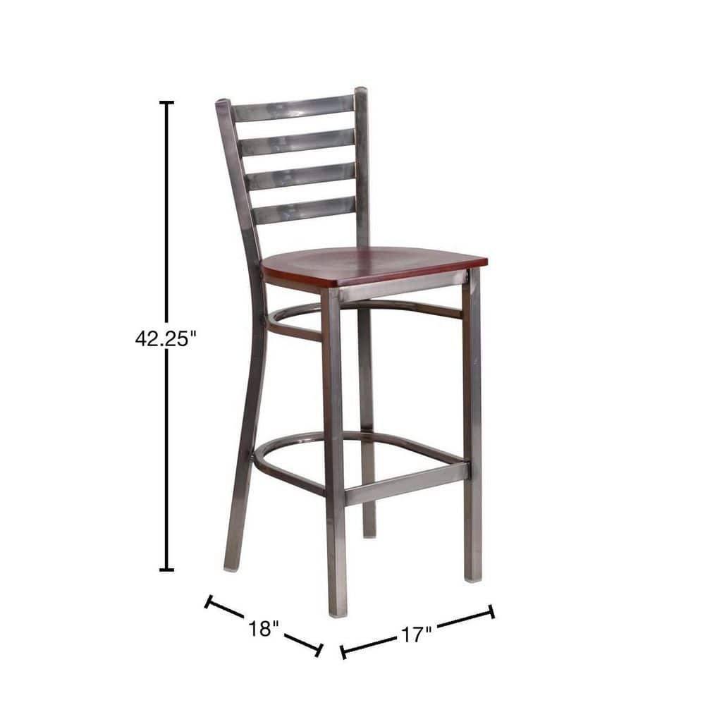 Mahogany Wood and Silver Metal Ladder Back Barstool