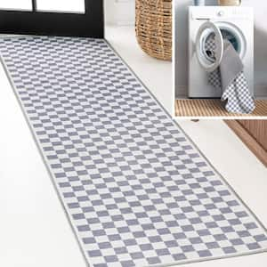 Ainsley Modern Cottage Checkerboard Washable Purple Gray/White 2 ft. x 8 ft. Runner Rug