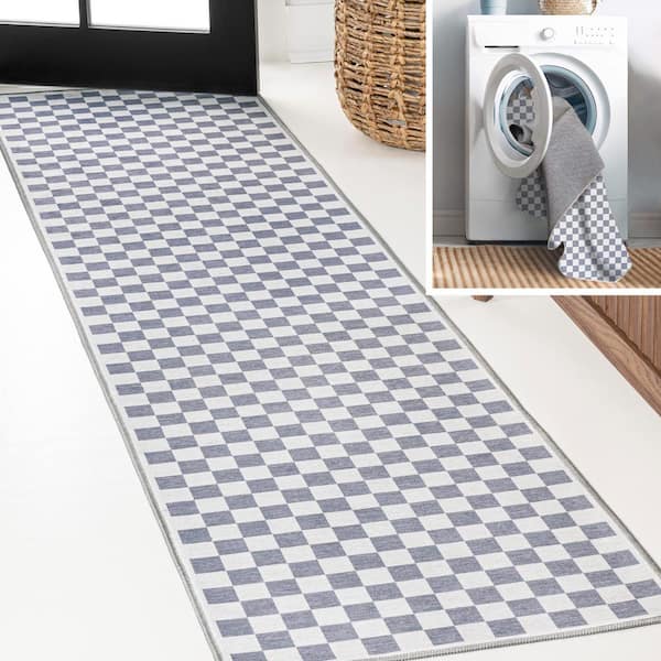 Ainsley Modern Cottage Checkerboard Washable Purple Gray/White 2 ft. x 8 ft. Runner Rug