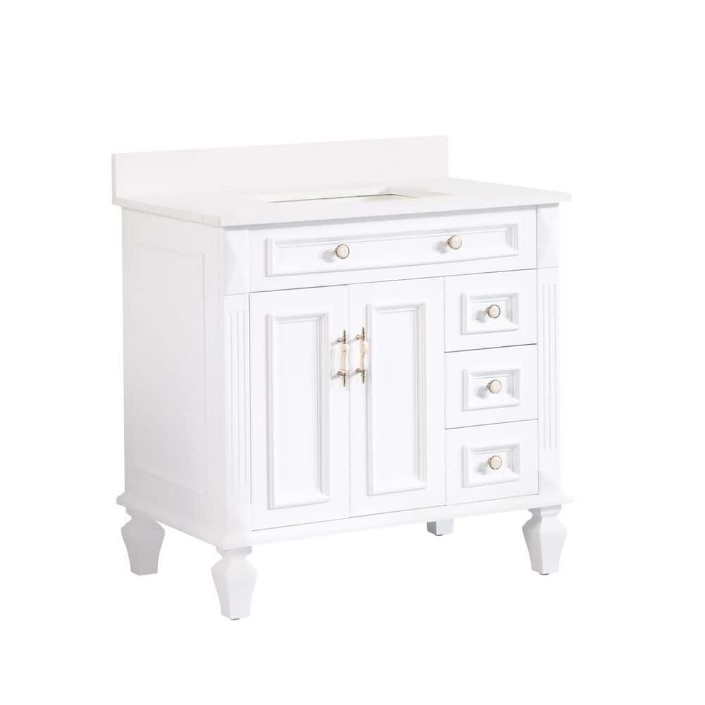 36 in. Single Sink Freestanding Undermount Solid Wood Bath Vanity with White Quartz Top, Soft-Close, Full Assembled