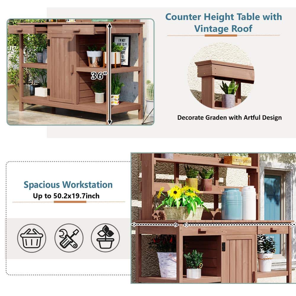 66 in. Brown Fir Wood Outdoor Potting Bench with Drawers