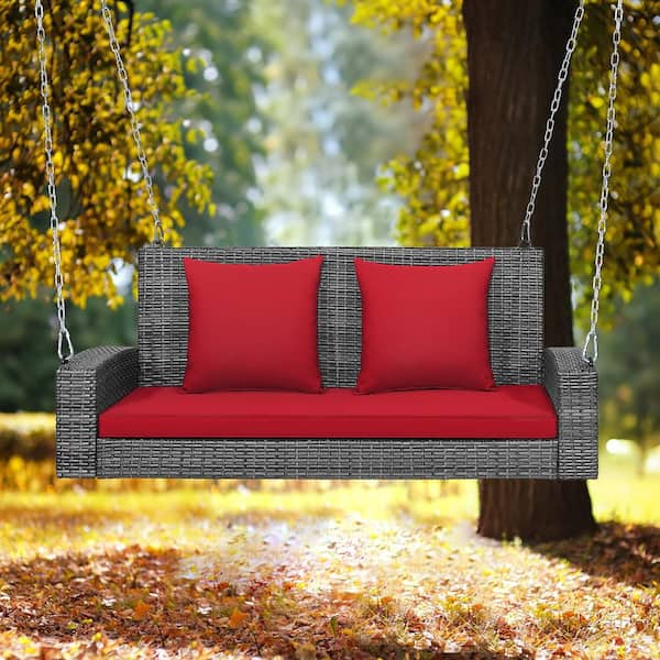 42.5 in. 2-Person PE Wicker Hanging Porch Patio Swing Bench Chair with Red Cushion