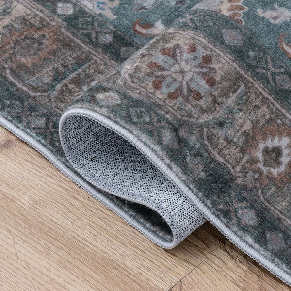 Kisara Oushak Style Distressed Border Non-Slip Machine-Washable Green/Brown 8 ft. x 10 ft. Area Rug
