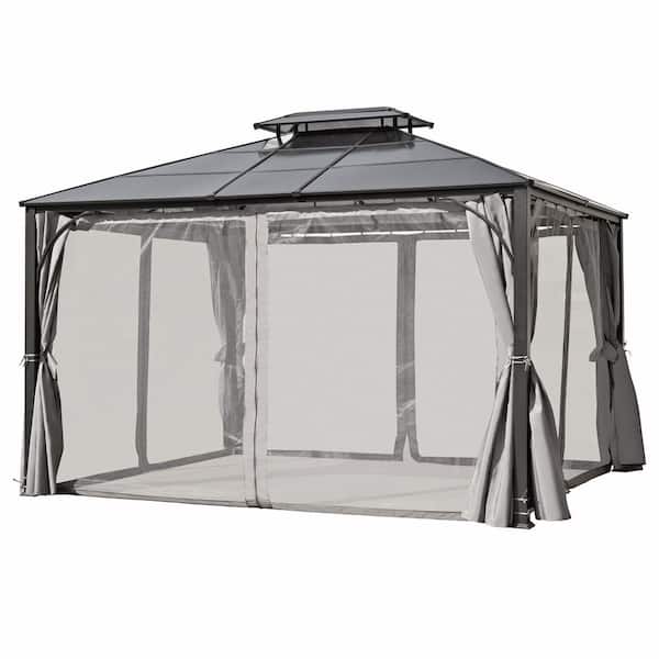 10 ft. x 12 ft. Hardtop Outdoor Gray Gazebo with Polycarbonate Roof Aluminum Frame and Mosquito Netting