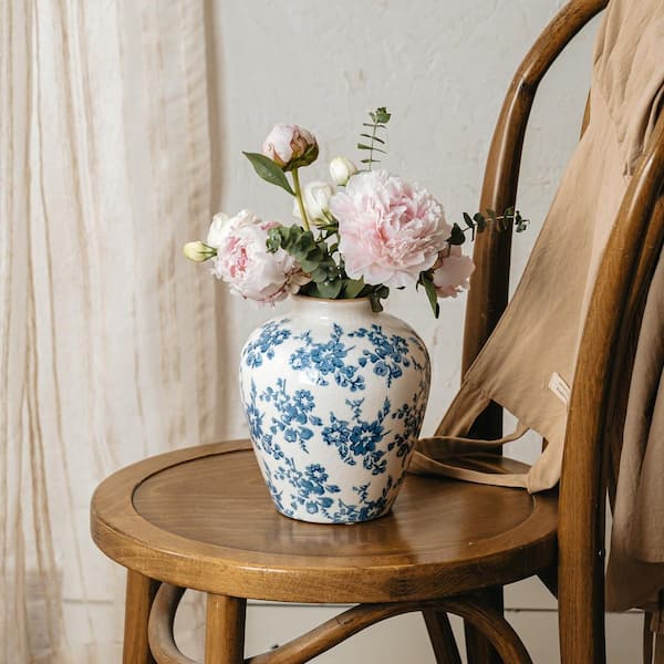 せやの 8 in. Vintage Chinoiserie Blue White Ceramic Antique Decorative