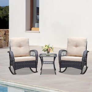 3-Piece Brown Wicker Outdoor Conversation Set with Beige Cushions, Glass Top Side Table