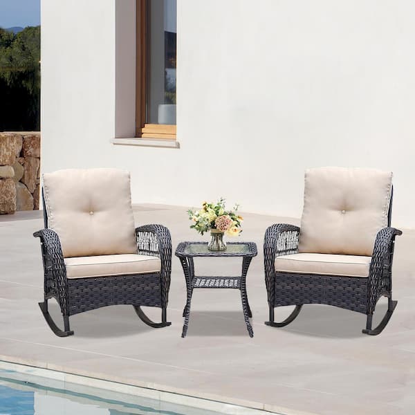 Tenleaf 3-Piece Brown Wicker Outdoor Conversation Set with Beige Cushions, Glass Top Side Table