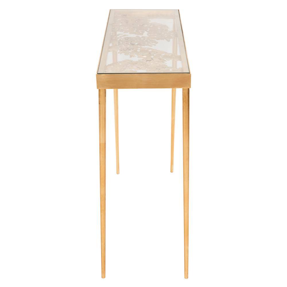 Ethereal Gold Leaf Palm Leaf Rectangular Glass Console Table