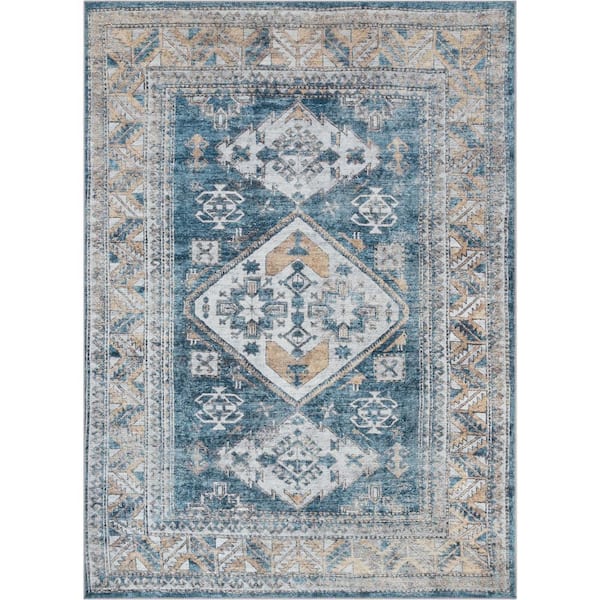 Lotus Habra Light Blue Vintage Medallion Oriental 5 ft. 3 in. x 7 ft. 3 in. Machine Washable Area Rug
