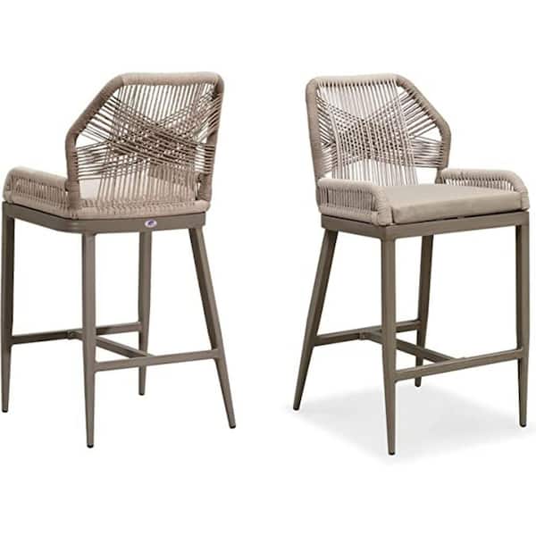 PURPLE LEAF Modern Aluminum Twill Wicker Woven Counter Height Outdoor Bar Stool with Back and Light Gray Cushion (2-Pack)