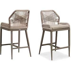 Modern Aluminum Twill Wicker Woven Counter Height Outdoor Bar Stool with Back and Light Gray Cushion (2-Pack)