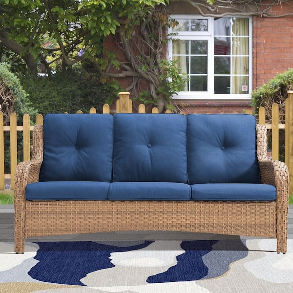 Gymojoy Carolina 1-Piece Wicker Outdoor Couch with CuhsionGuard with Blue Cushions