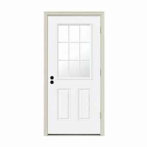 34 in. x 80 in. 9 Lite White Painted Steel Prehung Left-Hand Outswing Entry Door w/Brickmould