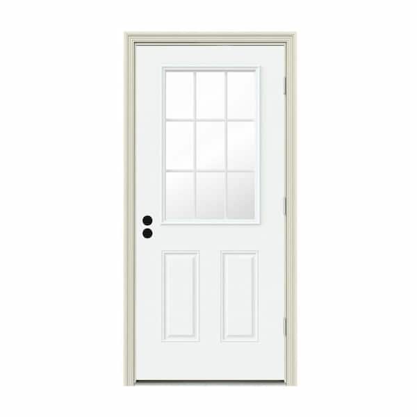 JELD-WEN 34 in. x 80 in. 9 Lite White Painted Steel Prehung Left-Hand Outswing Entry Door w/Brickmould