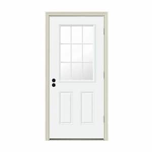 34 in. x 80 in. 9 Lite White Painted Steel Prehung Left-Hand Outswing Entry Door w/Brickmould