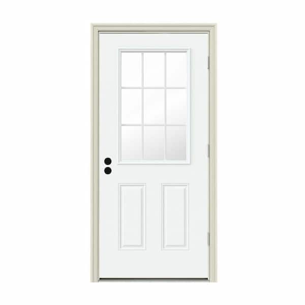 34 in. x 80 in. 9 Lite White Painted Steel Prehung Left-Hand Outswing Entry Door w/Brickmould