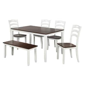 6-Piece Wood Top Ivory Dining Table Set with Bench, Wood Kitchen Table Set with Table and 4 Chairs