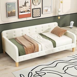Button-Tufted White Wood Frame Twin Size Velvet Upholstered Daybed with Additional Support Legs