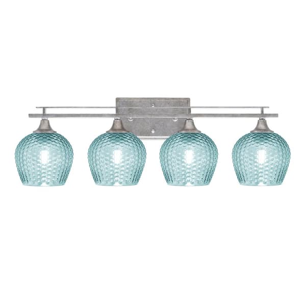 Unbranded Ontario 28.5 in. 4-Light Vanity Light Aged Silver Turquoise Textured Glass Shades