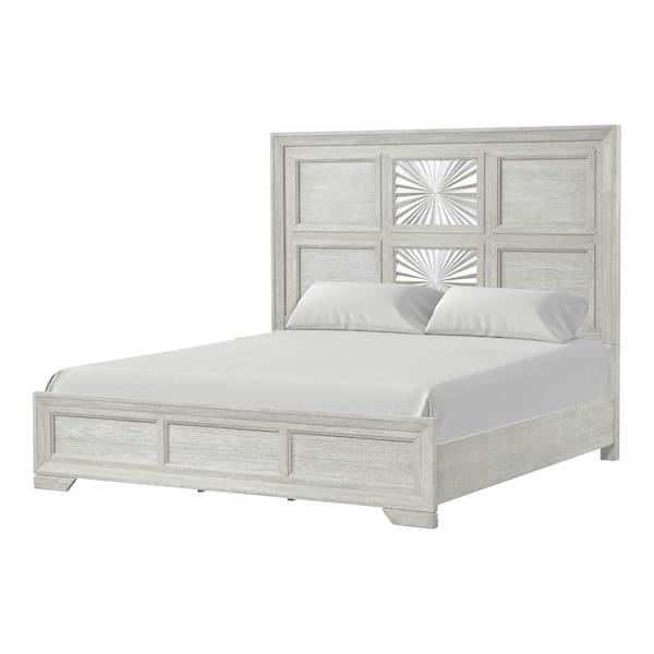 Artello Gray Wood Frame King Panel Bed with Sunburst Pattern and Panel Headboard
