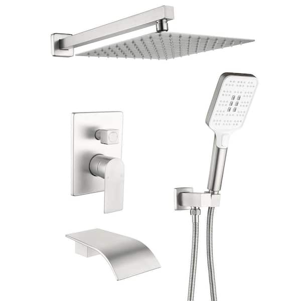 Single Handle 3-Spray Tub and Shower Faucet 1.8GPM 10 in. Shower System Brushed Nickel Pressure Balance (Valve Included)