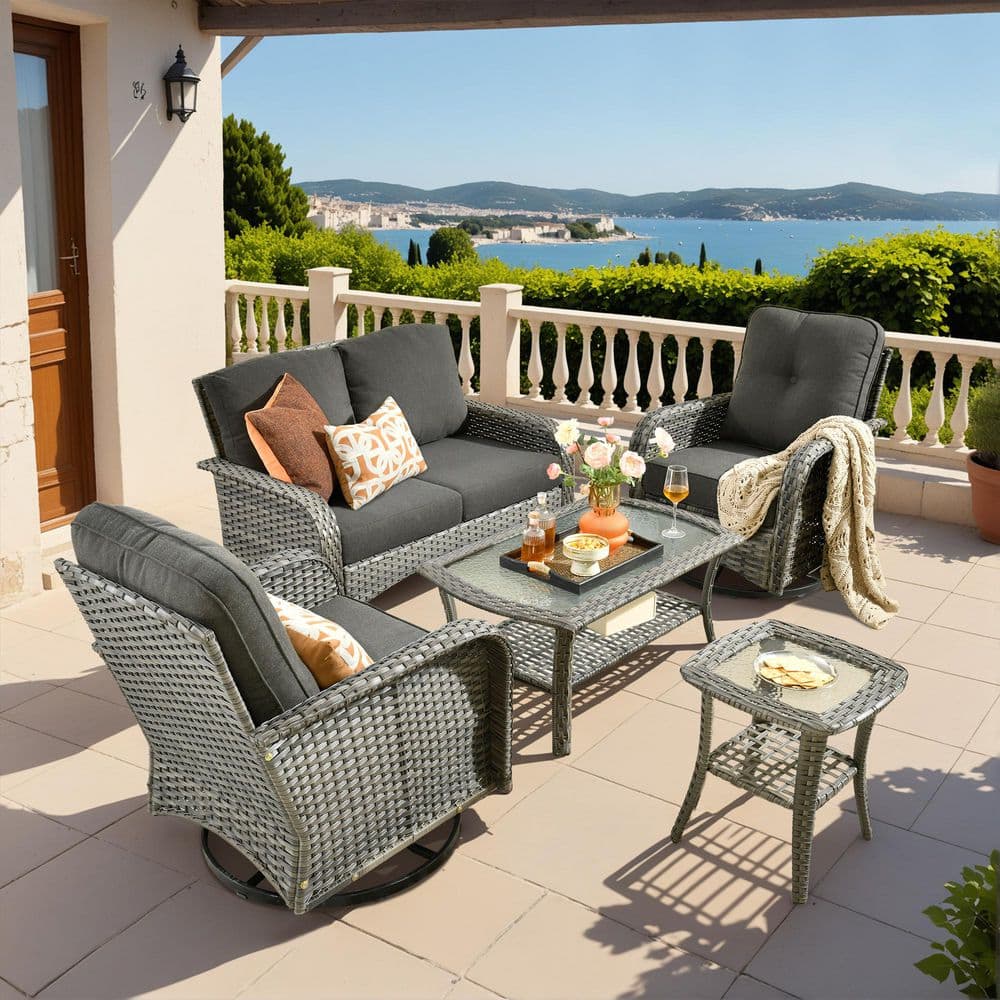 Noah Gray 5-Piece Wicker Outdoor Patio Conversation Sofa Seating Set with Rocking Chairs and Black Cushions price history on PriceWatchPro