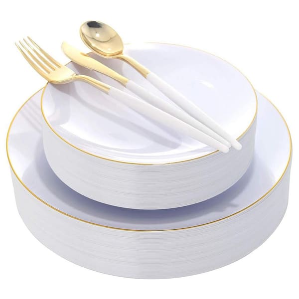 White Gold Plastic Plates with Disposable Silverware, 60-Plates and 90-Cutlery Set for Parties