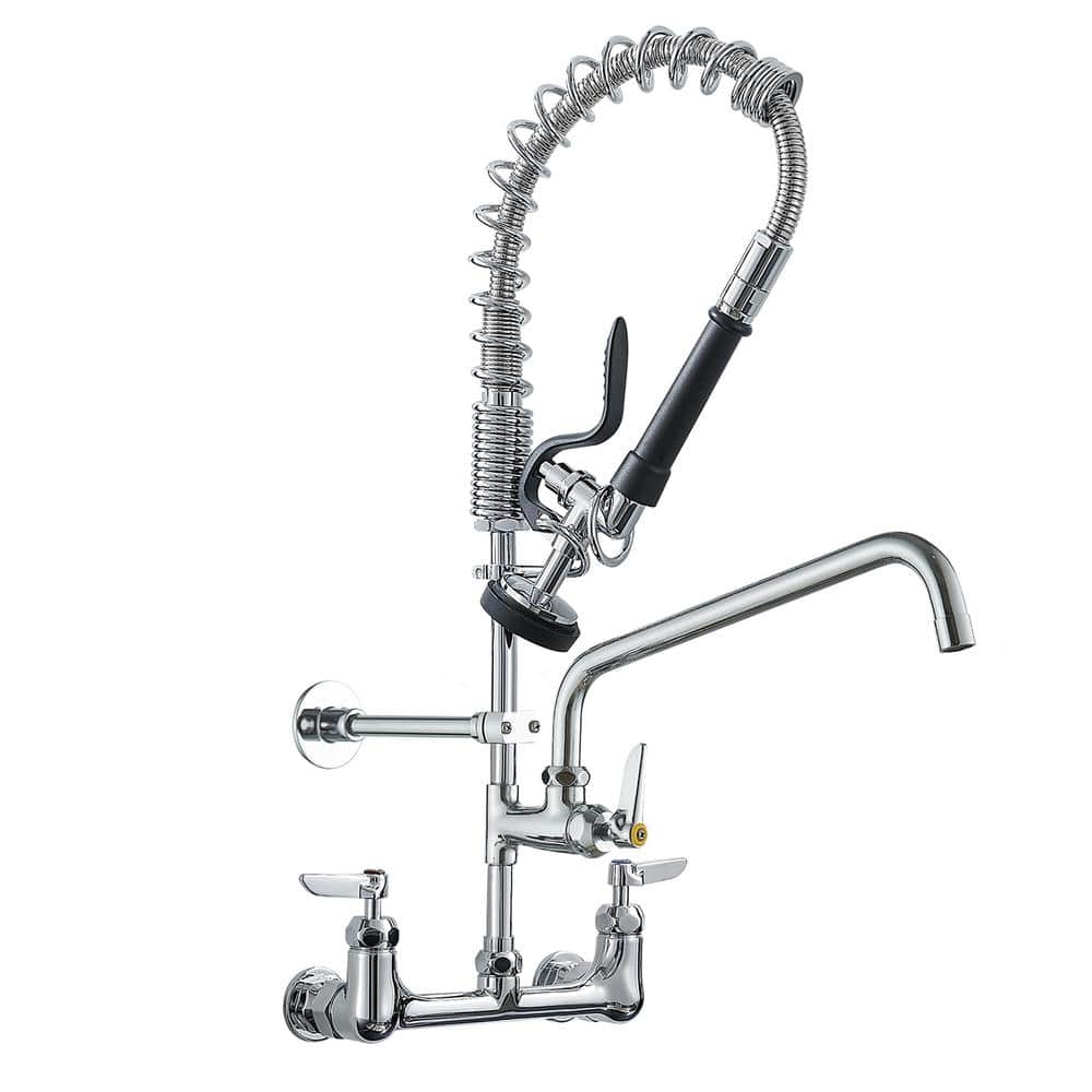Commercial Triple Handle Wall Mount Stainless Steel Kitchen Faucet in Polished Chrome