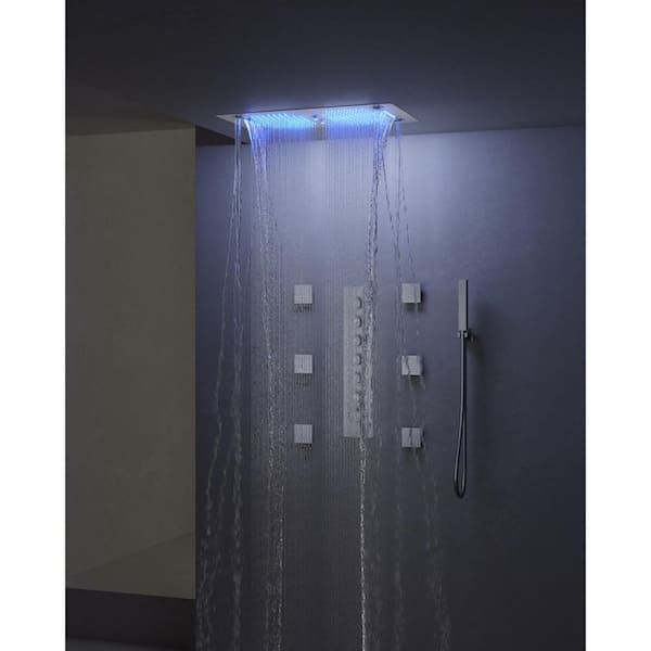 6-Spray 16 in. x 28 in. Dual Shower Head LED Ceiling Mount Fixed and Handheld Shower Head in Brushed Nickel