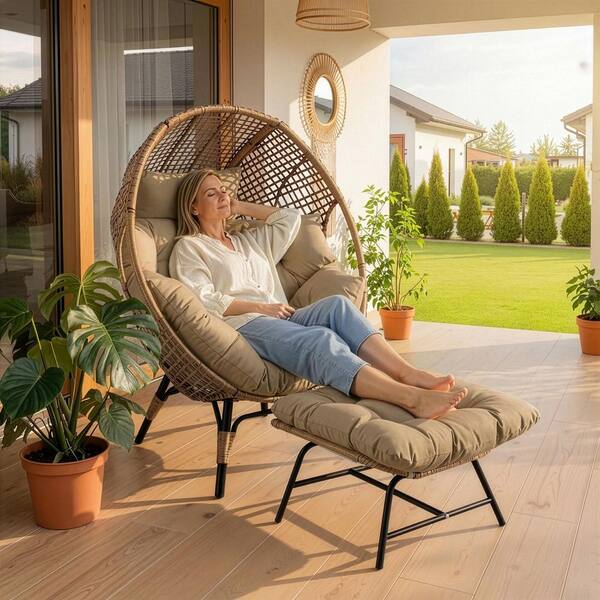 PE Wicker Indoor/Outdoor Lounge Egg Chair with Brown Cushion and Ottoman for Patio Porch Balcony