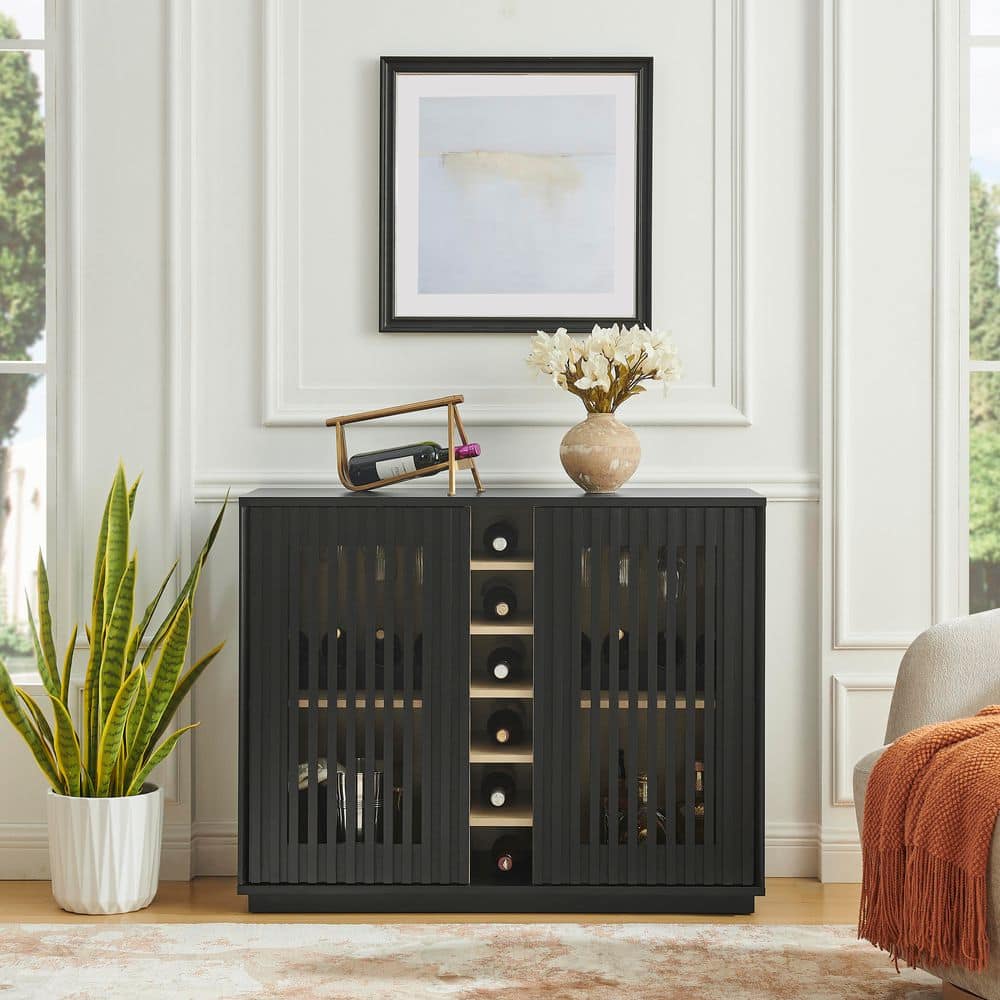 Wood Grain MDF Buffet with Wine Rack and Openwork Doors Sideboard Cabinet Storage Cabinet