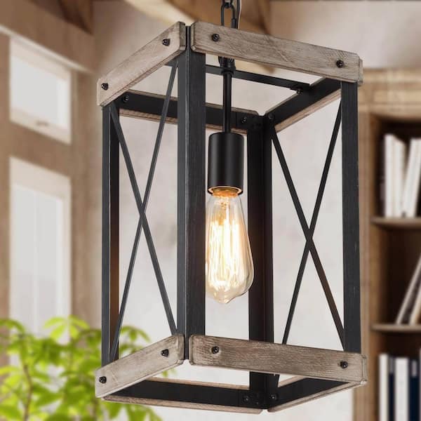 Farmhouse Black 1-Light 9.1 in. W Wood Cage Pendant Light Rustic Rectangle Kitchen Island Lantern Pendant Light