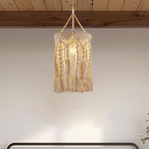 Bohemian 1-Light White Pendant Light with Adjustable Macrame Rattan Lamp Shade and Length, Plug-In