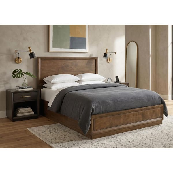 Joune Brown Wood Frame Full Panel Bed with Panel Headboard and Beveled Corners