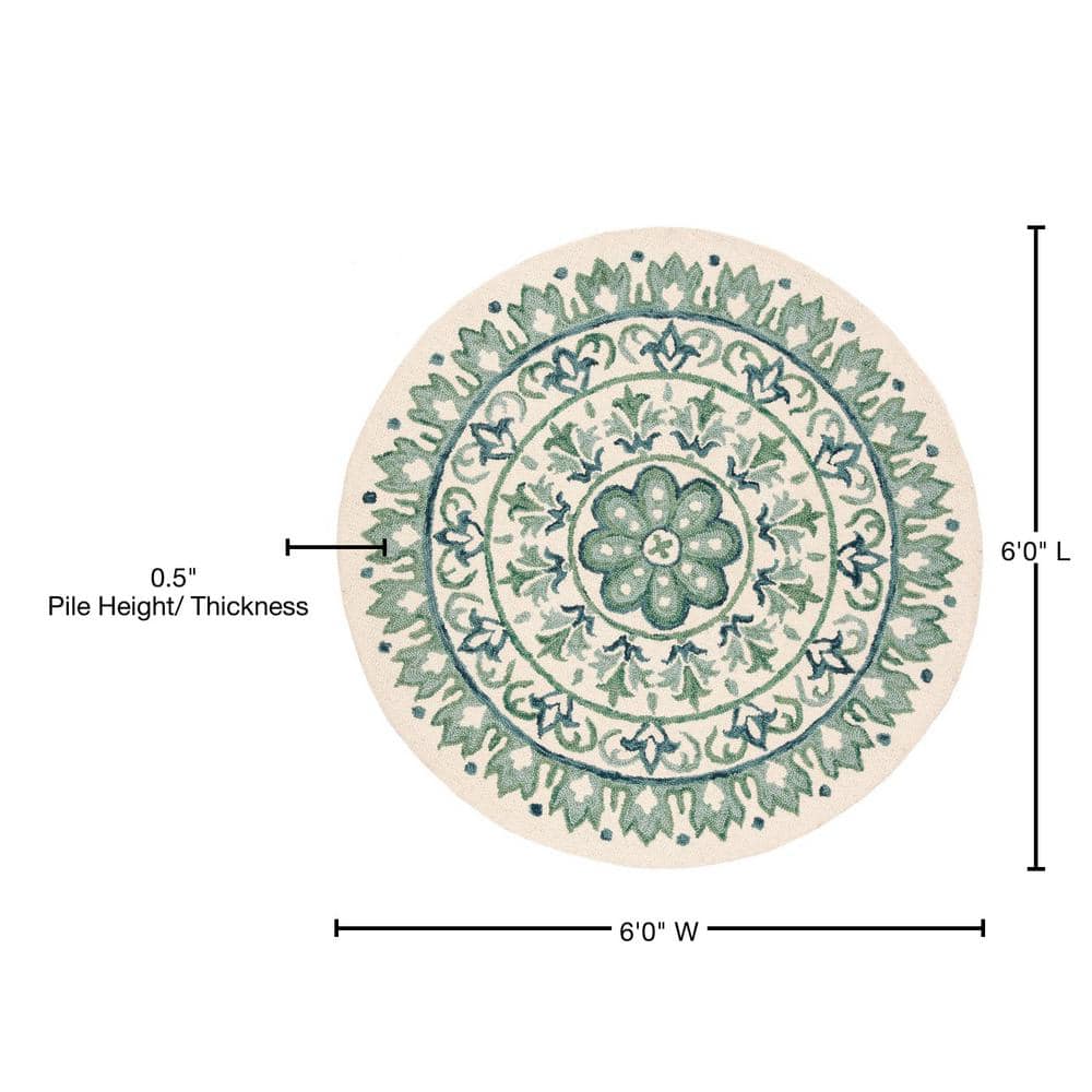 Ivory and Teal Floral Tufted Wool Round Rug