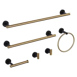 6-Piece Wall Mount Bath Hardware Set with Towel Ring Toilet Paper Holder Towel Hook and Towel Bar in Black and Gold