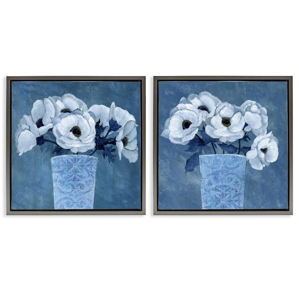 Stupell Industries Magnolia Bouquets on Blue by Janet Tava 2-Pieces Gray Floater Frame Nature Graphic Art Print 18 in. x 18 in.