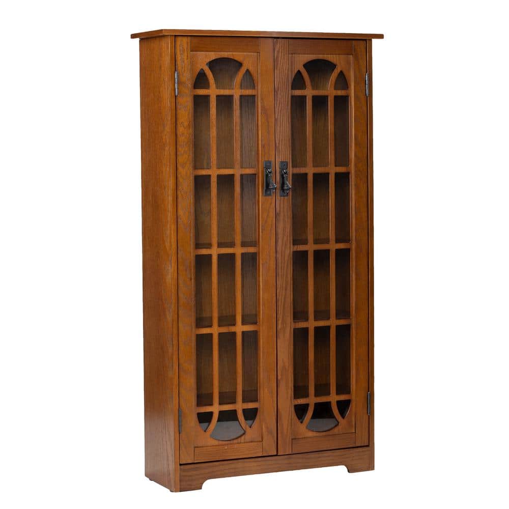 Traditional Oak Media Cabinet with Tempered Glass Doors