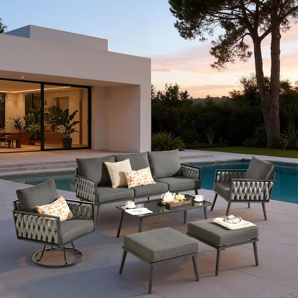 Velora 6-Piece Patio Conversation Braided Sofa Swivel Rocking Chair Set with Ottomans and Black Cushions