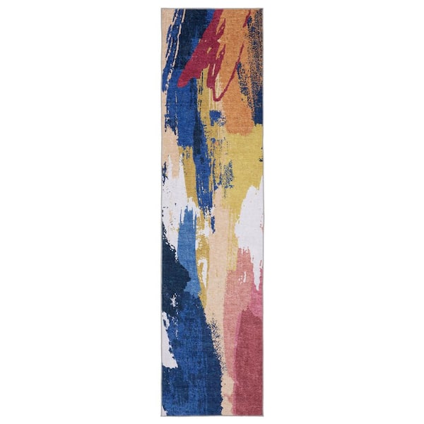 2 X 8 Blue, Gold Abstract Washable Area Rug Runner Rug
