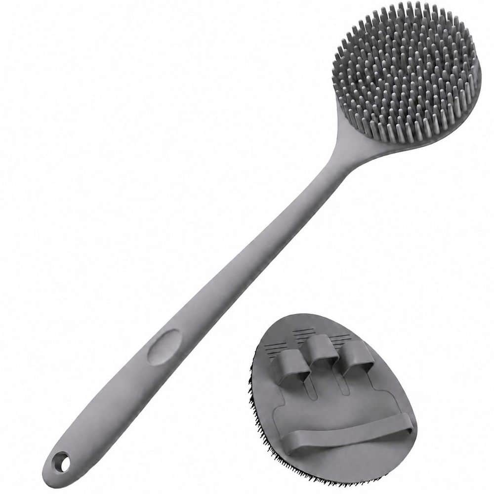 Gray Silicone Back Scrubber and Soft Bath Glove Set 2-Piece with Hook for Personal Care