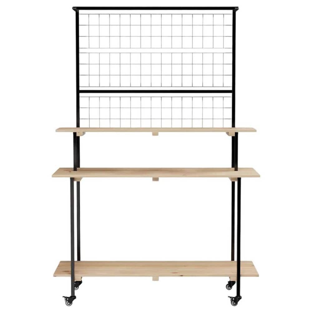 OUTGOODS 3-Tier Black Iron Natural Fir Wood Plant Stand with