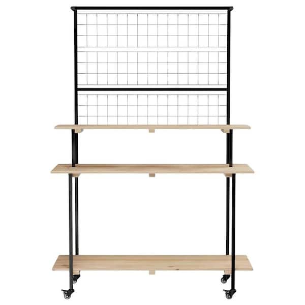 3-Tier Black Iron Natural Fir Wood Plant Stand with Wheels