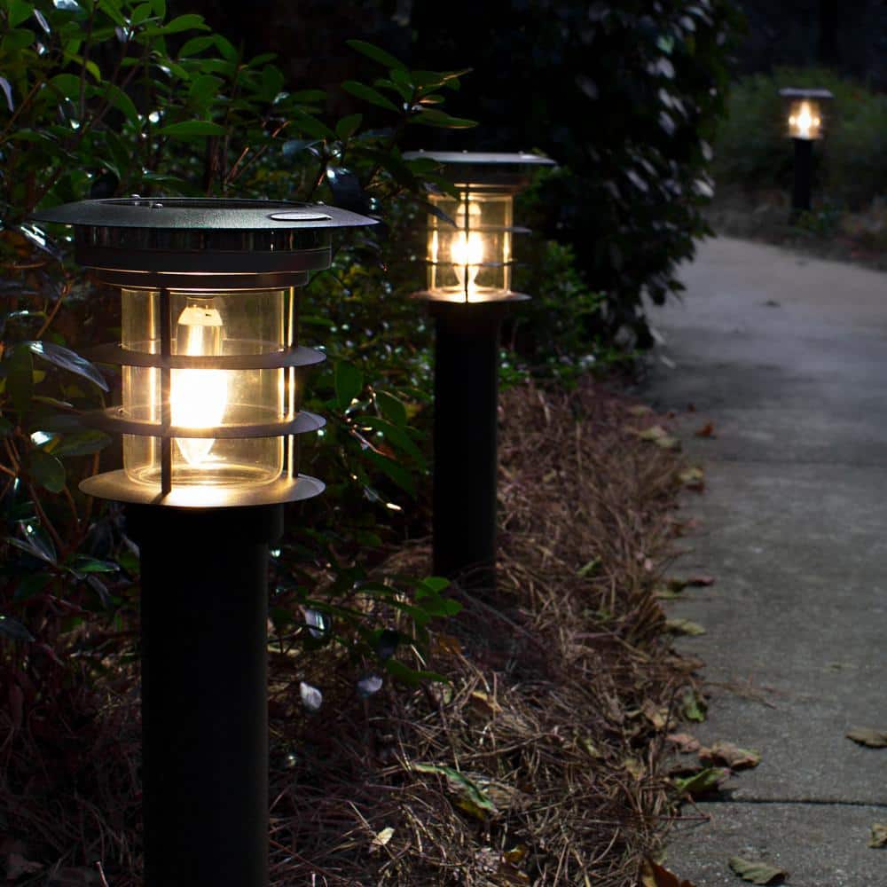 Black Stainless Steel LED Solar Pathway Bollard Lights, Set of 2