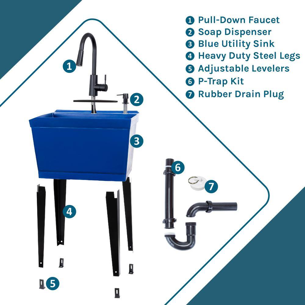 Blue Freestanding Utility Sink with Black High-Arc Faucet
