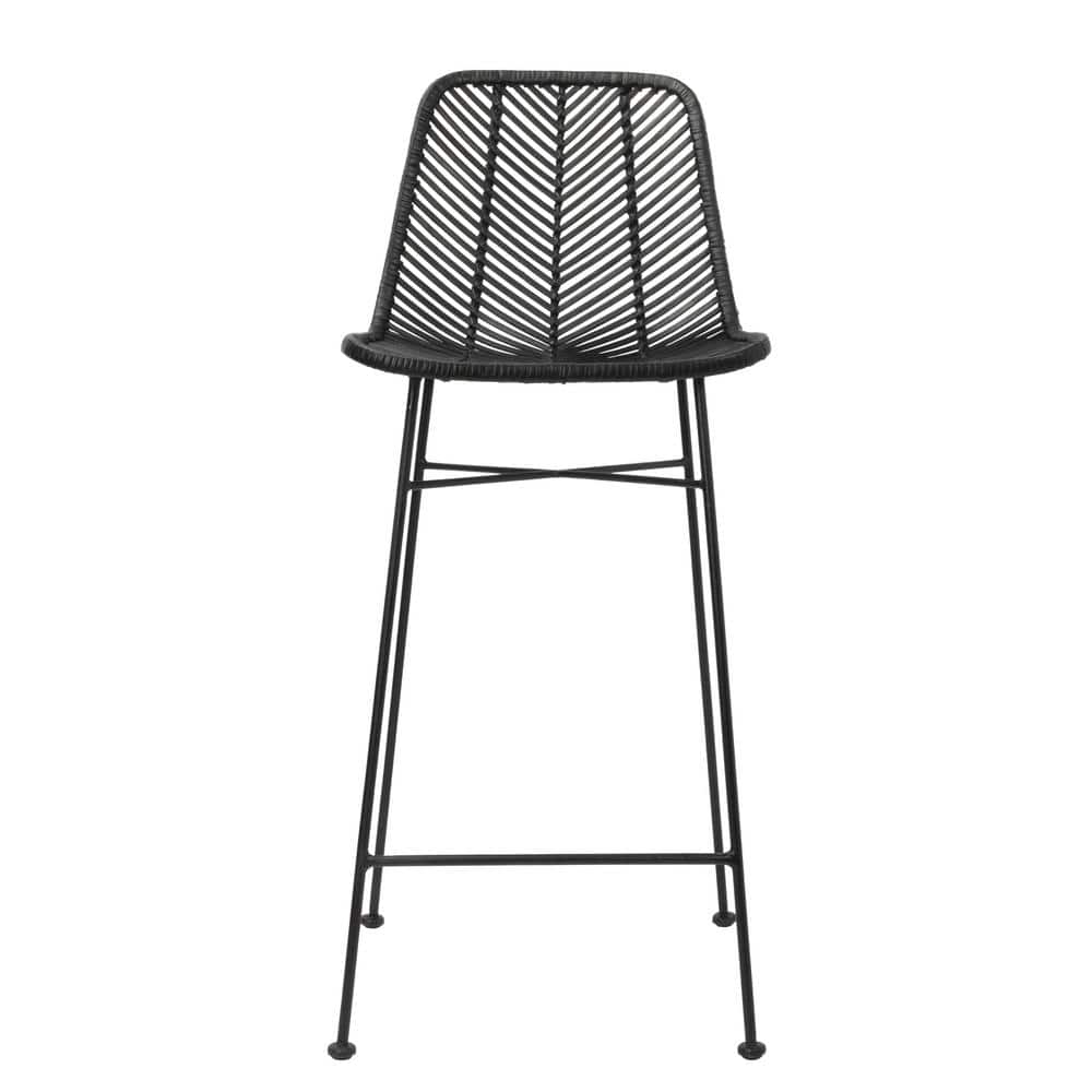 Tropical Chic Black Rattan and Metal High-Back Bar Stool